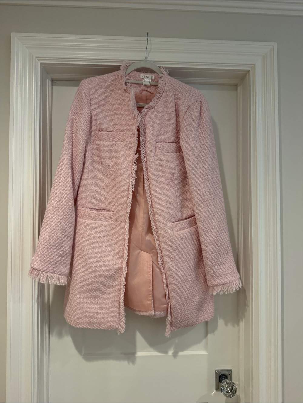 VENUS Light Pink Bouclé Fringe Trim Blazer Jacket